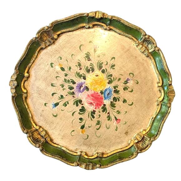 Vintage Florentine Italian Gold Tone Flora Tole Round Tray Platter Plate 18 in - Picture 1 of 4